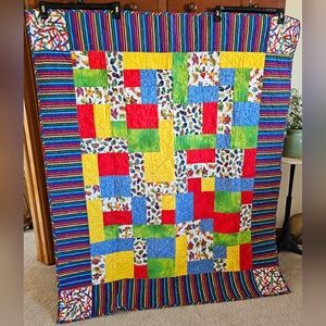 Colorful Handmade Crayon Flannel Patchwork Quilt 44 X 53